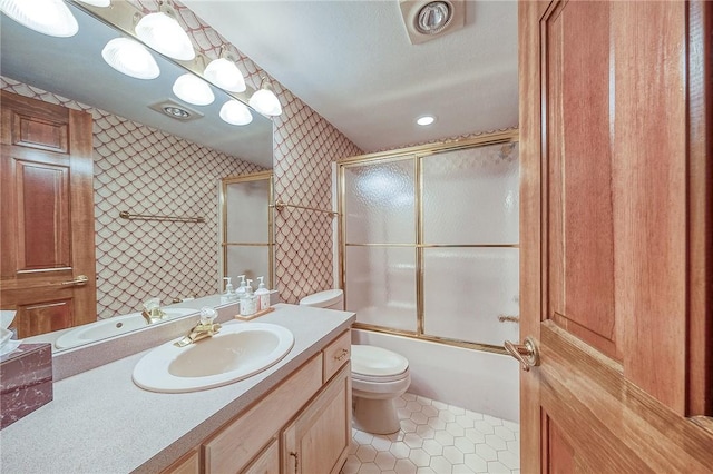 23 Pintail Dr, Indiana Twp Nal, PA 15238 - full bathroom featuring wallpapered walls, toilet, vanity, tile patterned floors, and combined bath / shower with glass door