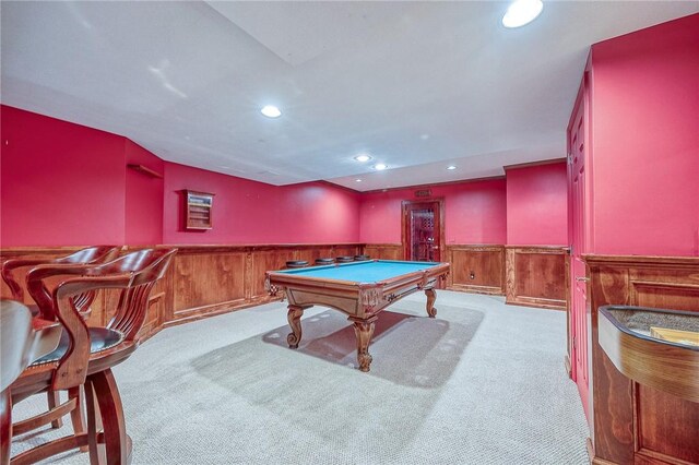 23 Pintail Dr, Indiana Twp Nal, PA 15238 - recreation room featuring a wainscoted wall, carpet floors, recessed lighting, and billiards