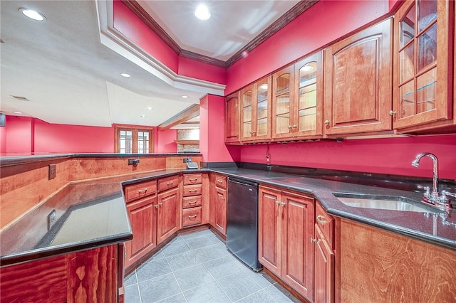 23 Pintail Dr, Indiana Twp Nal, PA 15238 - kitchen featuring a sink, black dishwasher, crown molding, light tile patterned flooring, and brown cabinetry