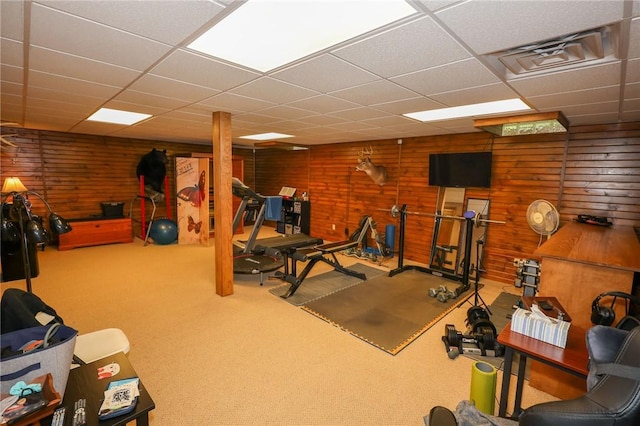 1147 Annisville Rd, Washington Twp But, PA 16050 - exercise area with a drop ceiling, wooden walls, and carpet