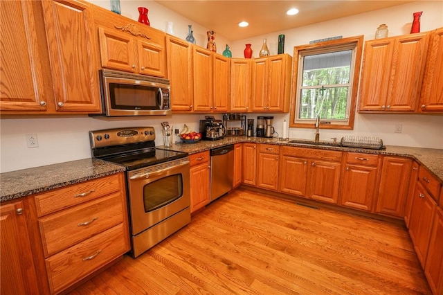 1147 Annisville Rd, Washington Twp But, PA 16050 - kitchen with appliances with stainless steel finishes, a sink, light wood-type flooring, dark stone countertops, and recessed lighting