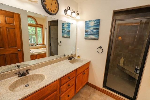 1147 Annisville Rd, Washington Twp But, PA 16050 - bathroom featuring a stall shower, double vanity, a bath, tile patterned flooring, and baseboards