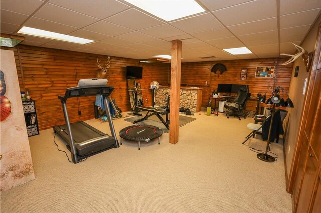 1147 Annisville Rd, Washington Twp But, PA 16050 - workout area with a drop ceiling, carpet floors, and wooden walls