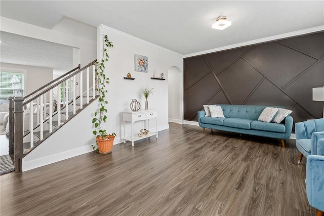 712 Mulkerrin Ct, Pine Twp Nal, PA 16046 - living area featuring wood finished floors, crown molding, baseboards, stairs, and a decorative wall