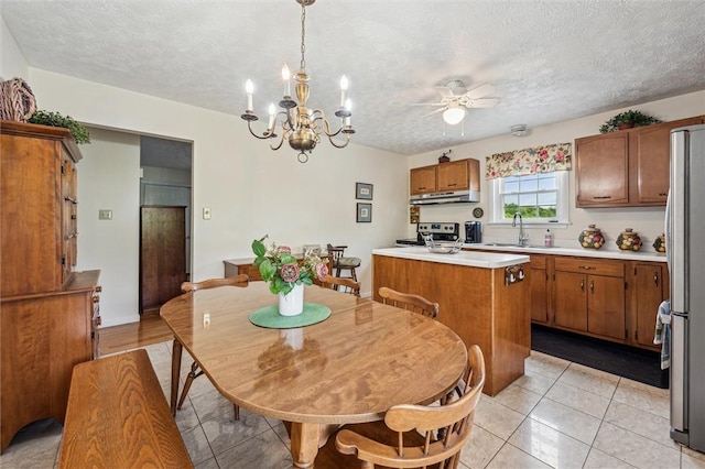 73 Hartman Rd, Green/Commdre/Prchse, PA 15759 - dining space with a textured ceiling, ceiling fan, light tile patterned floors, and a chandelier