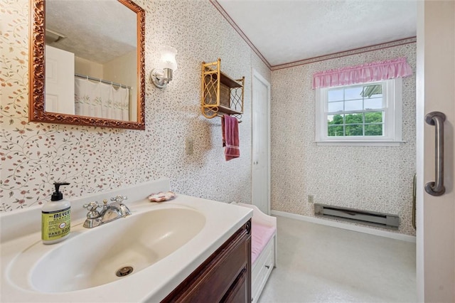 73 Hartman Rd, Green/Commdre/Prchse, PA 15759 - full bathroom featuring vanity, a baseboard radiator, wallpapered walls, and ornamental molding