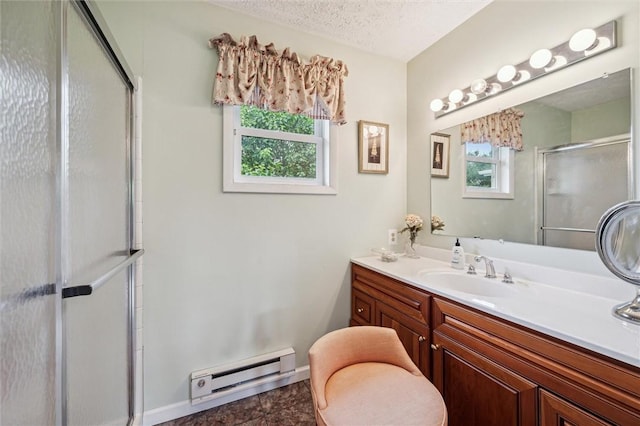 73 Hartman Rd, Green/Commdre/Prchse, PA 15759 - full bathroom featuring baseboard heating, vanity, a shower with door, baseboards, and a textured ceiling