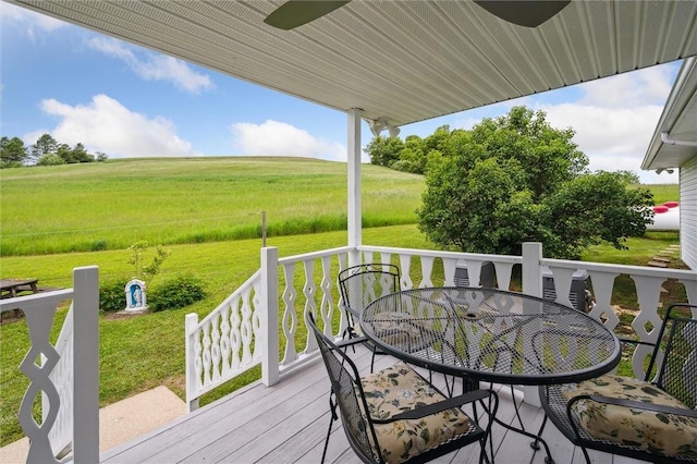 73 Hartman Rd, Green/Commdre/Prchse, PA 15759 - wooden terrace featuring outdoor dining area, a view of countryside, and a lawn