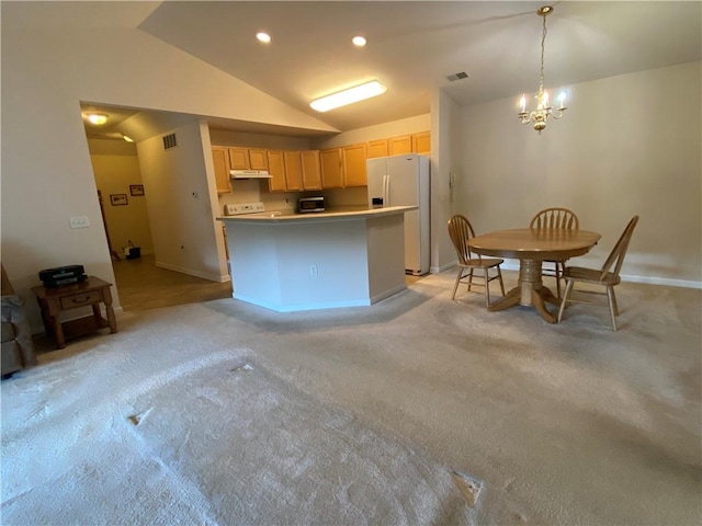 350 Hidden Ridge Ct Unit 302, South Park, PA 15129 - kitchen with white refrigerator with ice dispenser, light brown cabinets, vaulted ceiling, baseboards, and a chandelier