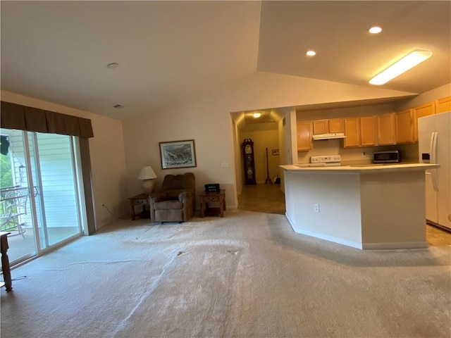 350 Hidden Ridge Ct Unit 302, South Park, PA 15129 - kitchen featuring white refrigerator with ice dispenser, stainless steel microwave, lofted ceiling, light colored carpet, and under cabinet range hood