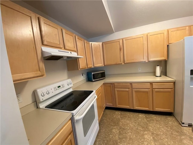 350 Hidden Ridge Ct Unit 302, South Park, PA 15129 - kitchen featuring white appliances, under cabinet range hood, light countertops, and light brown cabinets