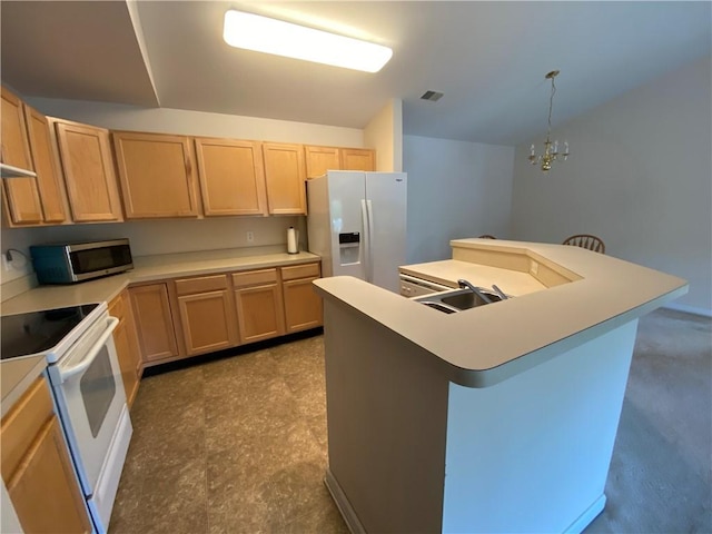 350 Hidden Ridge Ct Unit 302, South Park, PA 15129 - kitchen featuring white appliances, a sink, light brown cabinetry, a center island with sink, and light countertops
