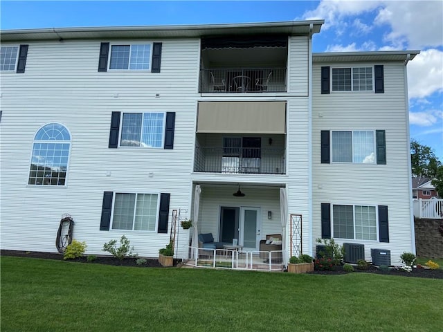 350 Hidden Ridge Ct Unit 302, South Park, PA 15129 - rear view of property featuring a balcony, a yard, central AC unit, and a patio