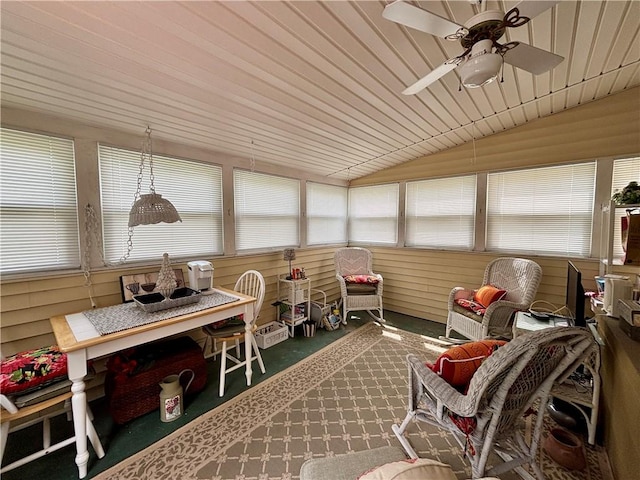 11 Worthington Ave, Neshannock Twp, PA 16105 - sunroom / solarium featuring a ceiling fan, vaulted ceiling, carpet floors, and wooden ceiling