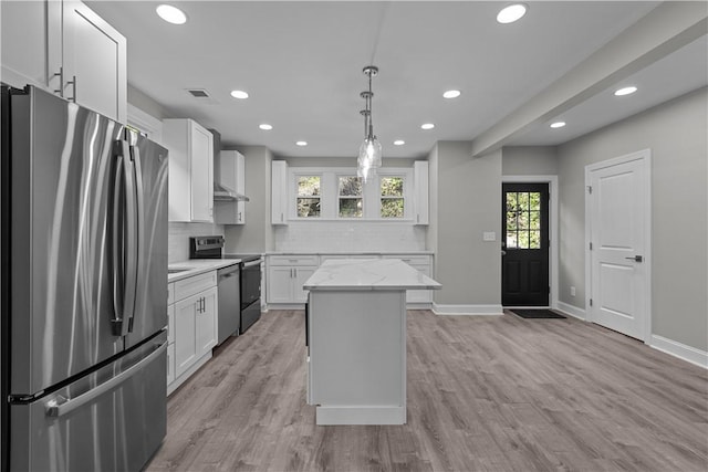 748 Anaheim St, Schenley Heights, PA 15219 - kitchen with stainless steel appliances, recessed lighting, white cabinetry, backsplash, and baseboards