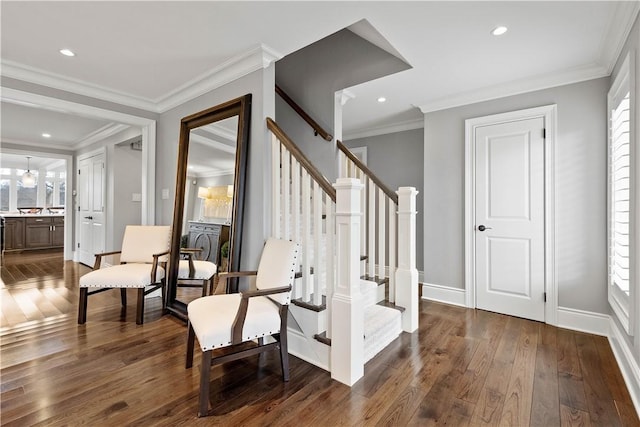 2293 Country Club Dr, Upper St Clair, PA 15241 - stairway featuring wood finished floors, baseboards, crown molding, and recessed lighting