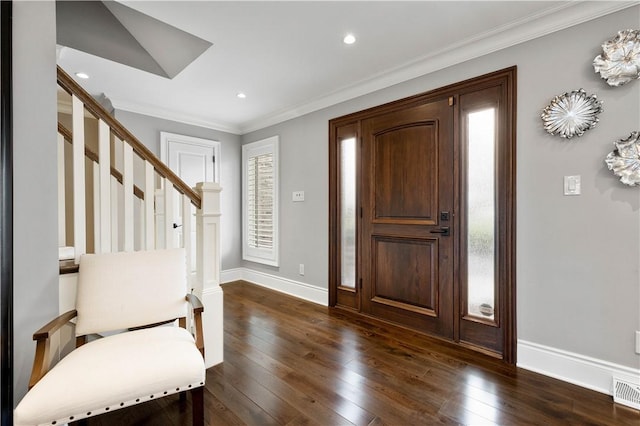 2293 Country Club Dr, Upper St Clair, PA 15241 - foyer entrance featuring dark wood finished floors, stairway, baseboards, plenty of natural light, and recessed lighting