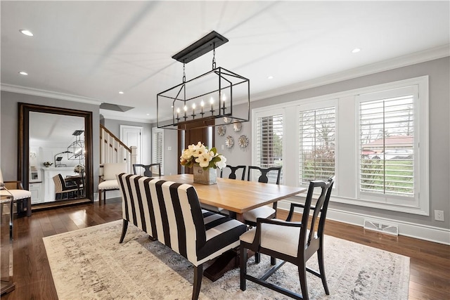 2293 Country Club Dr, Upper St Clair, PA 15241 - dining space with crown molding, dark wood-style flooring, baseboards, a chandelier, and recessed lighting