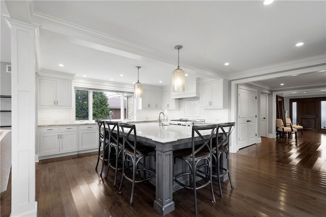 2293 Country Club Dr, Upper St Clair, PA 15241 - kitchen featuring dark wood-style floors, white cabinets, ornamental molding, and recessed lighting