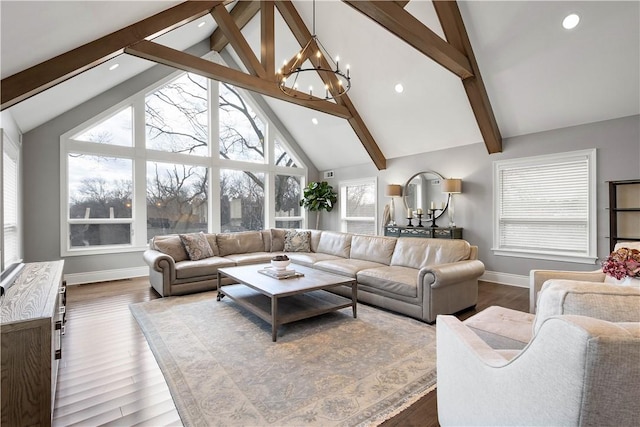2293 Country Club Dr, Upper St Clair, PA 15241 - living area with a chandelier, baseboards, beamed ceiling, dark wood-style floors, and high vaulted ceiling