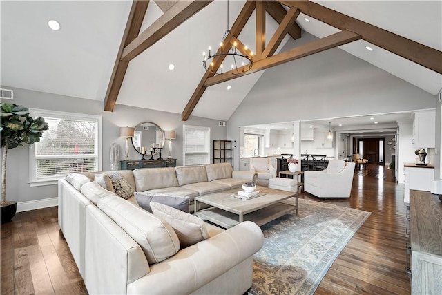 2293 Country Club Dr, Upper St Clair, PA 15241 - living area with a chandelier, high vaulted ceiling, beam ceiling, dark wood-style flooring, and baseboards