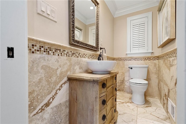 2293 Country Club Dr, Upper St Clair, PA 15241 - bathroom with tile walls, vanity, marble tiled flooring, toilet, and crown molding