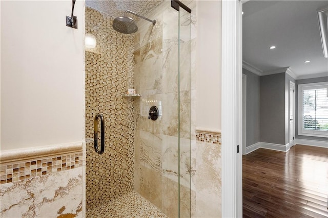 2293 Country Club Dr, Upper St Clair, PA 15241 - full bath featuring ornamental molding, a stall shower, wood finished floors, and recessed lighting