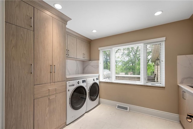 2293 Country Club Dr, Upper St Clair, PA 15241 - laundry room featuring washer and clothes dryer, cabinet space, baseboards, and recessed lighting