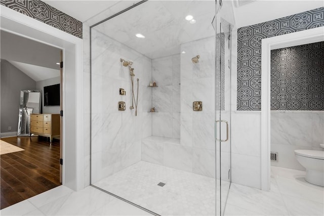 2293 Country Club Dr, Upper St Clair, PA 15241 - full bathroom with a shower stall, toilet, wood finished floors, and recessed lighting