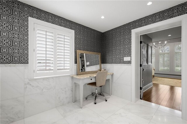 2293 Country Club Dr, Upper St Clair, PA 15241 - office area with a chandelier, a wainscoted wall, wallpapered walls, and recessed lighting