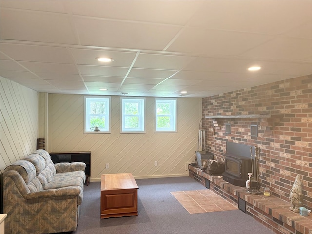 199 Lyon Ln, Lancaster Twp, PA 16037 - living room with a wood stove, carpet flooring, recessed lighting, and baseboards