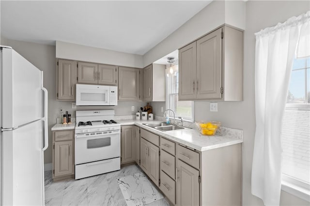 1311 Agnew Ave, Hopewell Twp Bea, PA 15001 - kitchen featuring white appliances, a sink, light countertops, gray cabinetry, and light marble finish floors