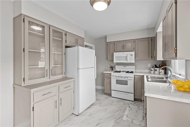 1311 Agnew Ave, Hopewell Twp Bea, PA 15001 - kitchen featuring white appliances, light marble finish flooring, a sink, gray cabinetry, and glass insert cabinets