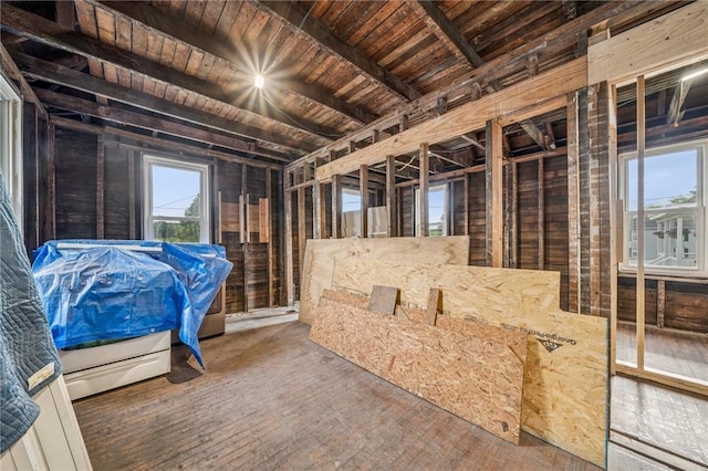 1160 Delaware St, Export, PA 15632 - miscellaneous room with wooden ceiling with exposed beams, wood walls, and wood finished floors