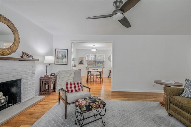 501 Parkview Dr, Mt Lebanon, PA 15243 - living room featuring wood finished floors, ceiling fan, a fireplace, and baseboards