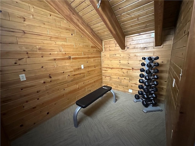 B45A Stoneridge Dr, Seven Springs Resort, PA 15557 - exercise room with wood ceiling, wooden walls, and carpet