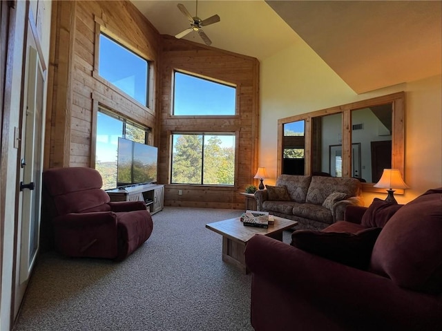 B45A Stoneridge Dr, Seven Springs Resort, PA 15557 - living room with high vaulted ceiling, carpet floors, and ceiling fan