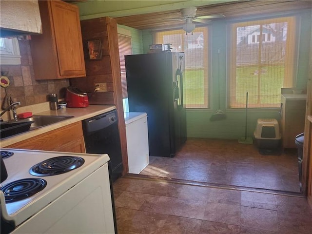 805 Sunset St, Rural Valley Boro, PA 16249 - kitchen featuring white electric stove, a sink, black dishwasher, fridge with ice dispenser, and ceiling fan
