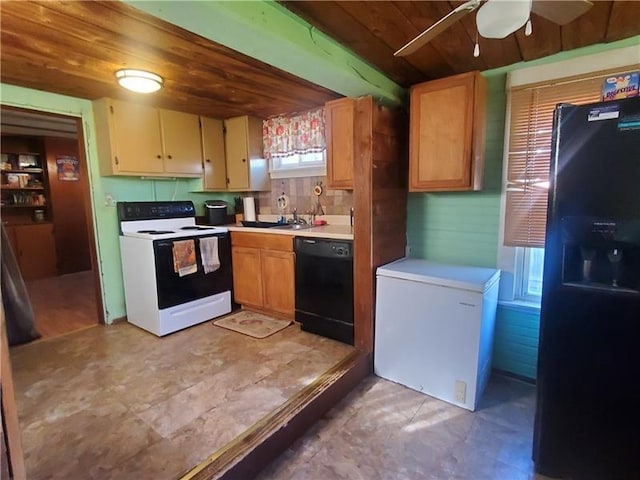 805 Sunset St, Rural Valley Boro, PA 16249 - kitchen featuring black appliances, ceiling fan, light countertops, and wooden ceiling