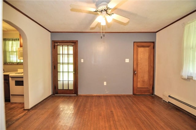 403 Bull Run Rd, Luzerne Twp, PA 15417 - empty room with baseboard heating, wood finished floors, ornamental molding, a ceiling fan, and arched walkways