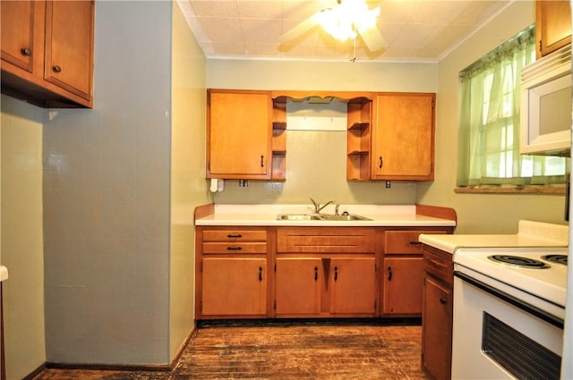 403 Bull Run Rd, Luzerne Twp, PA 15417 - kitchen with a sink, light countertops, a ceiling fan, dark wood-type flooring, and crown molding