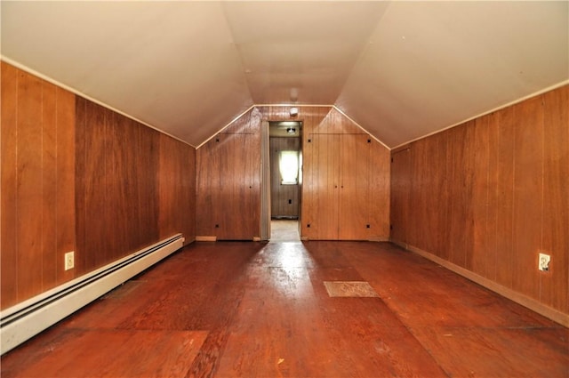 403 Bull Run Rd, Luzerne Twp, PA 15417 - bonus room featuring a baseboard heating unit, vaulted ceiling, wooden walls, and wood finished floors