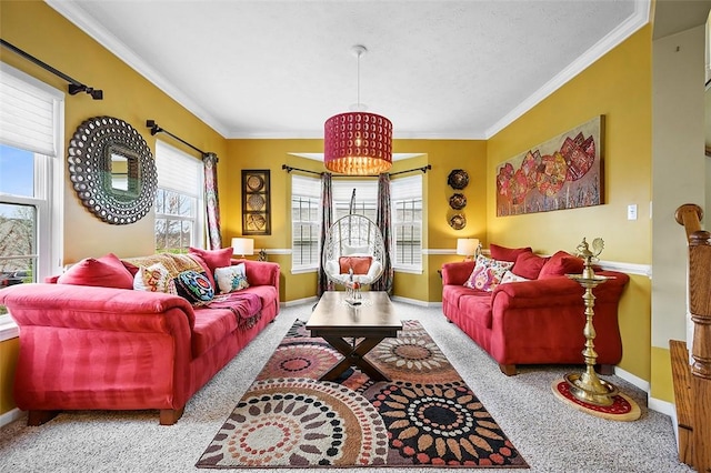 5834 Windsor Ct, South Fayette, PA 15057 - carpeted living room featuring crown molding and baseboards