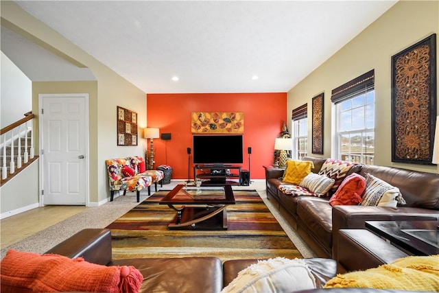 5834 Windsor Ct, South Fayette, PA 15057 - carpeted living room with stairway, baseboards, and recessed lighting