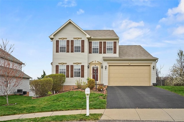 5834 Windsor Ct, South Fayette, PA 15057 - view of front of house with driveway, an attached garage, a front yard, central AC unit, and a shingled roof