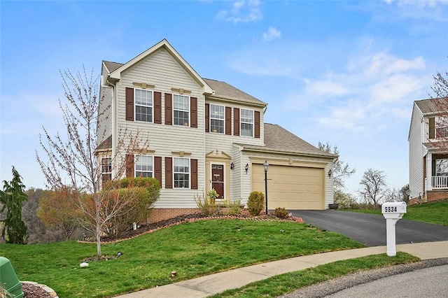 5834 Windsor Ct, South Fayette, PA 15057 - view of front of property featuring asphalt driveway, a front lawn, an attached garage, and roof with shingles