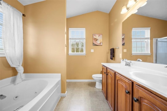 5834 Windsor Ct, South Fayette, PA 15057 - bathroom with lofted ceiling, a jetted tub, baseboards, double vanity, and healthy amount of natural light