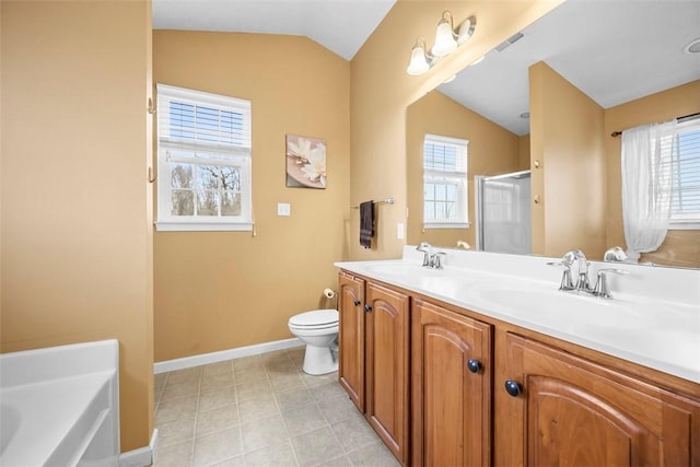 5834 Windsor Ct, South Fayette, PA 15057 - full bath featuring lofted ceiling, plenty of natural light, a stall shower, double vanity, and a bath