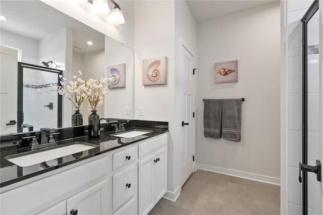 150 Moyer Hill Dr, Cranberry Twp, PA 16066 - bathroom with a shower stall, double vanity, baseboards, and recessed lighting