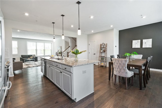 150 Moyer Hill Dr, Cranberry Twp, PA 16066 - kitchen with a sink, open floor plan, dark wood finished floors, recessed lighting, and a center island with sink